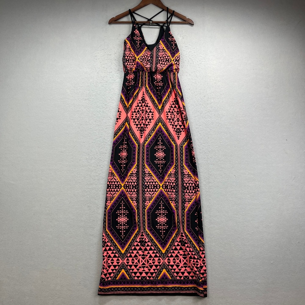 Charlotte Russe Maxi Dress Womens XS Black Pink Geometric Aztec Tribal Strappy